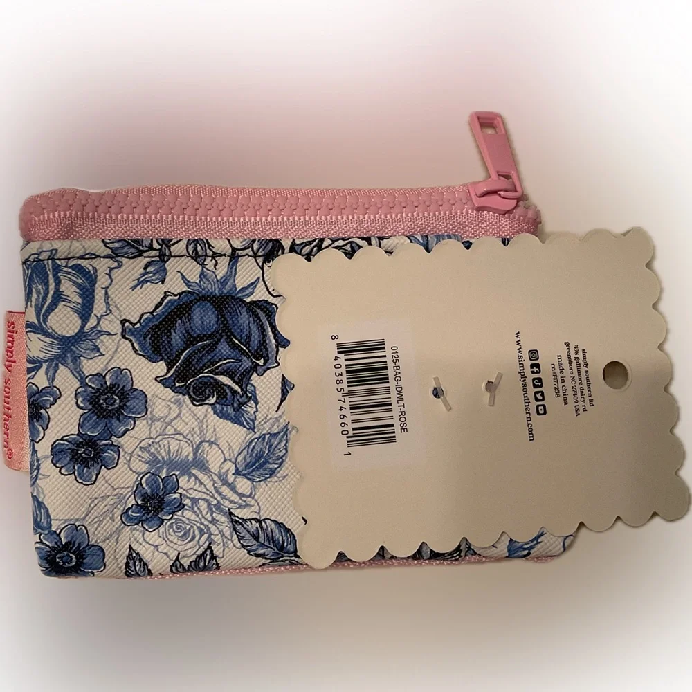 Simply Southern Blue Floral ID Holder with Duo Pink Zippers & outside pocket.